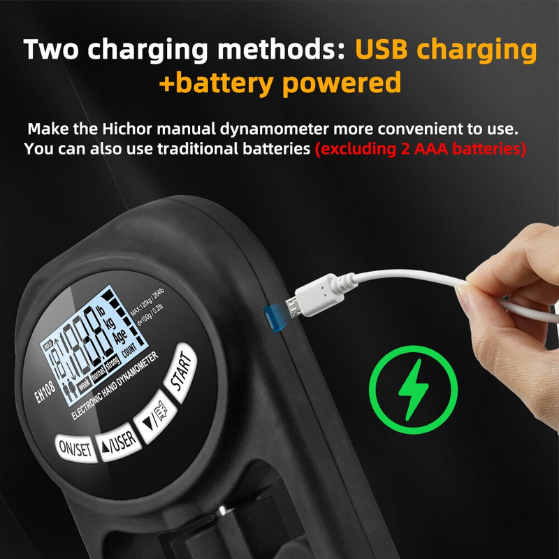 Sukibimo stiprumo matuoklis 265 Lbs/120 kg Skaitmeninis rankinis dinamometras Rankenos stiprumo matuoklis USB LCD ekranas Rankena skirta jėgos treniruotėms
