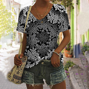 Amazon Summer Foreign Trade 2023 European and American Clothing Hawaiian Beach Plant T-shirt Σέξι μπλουζάκι με λαιμόκοψη σε V για γυναίκες