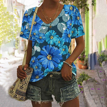 Amazon Summer Foreign Trade 2023 European and American Clothing Hawaiian Beach Plant T-shirt Σέξι μπλουζάκι με λαιμόκοψη σε V για γυναίκες