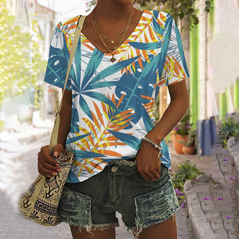 Amazon Summer Foreign Trade 2023 European and American Clothing Hawaiian Beach Plant T-shirt Σέξι μπλουζάκι με λαιμόκοψη σε V για γυναίκες