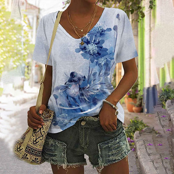 Amazon Summer Foreign Trade 2023 European and American Clothing Hawaiian Beach Plant T-shirt Σέξι μπλουζάκι με λαιμόκοψη σε V για γυναίκες