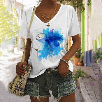 Amazon Summer Foreign Trade 2023 European and American Clothing Hawaiian Beach Plant T-shirt Σέξι μπλουζάκι με λαιμόκοψη σε V για γυναίκες