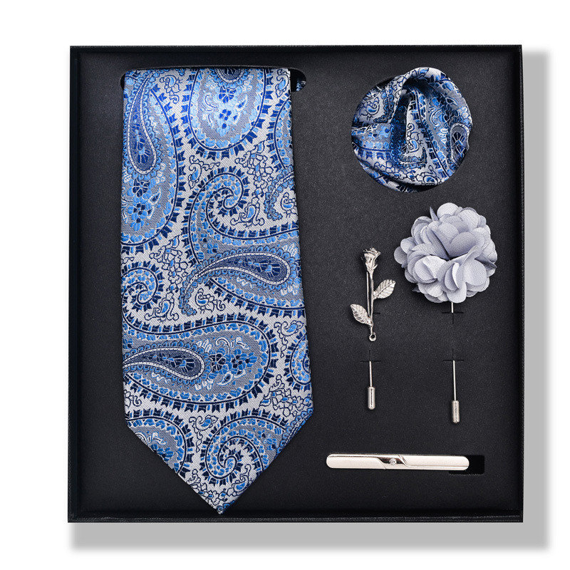 Cravată pentru bărbați, la modă, în dungi, set cutie cadou, 6 bucăți, eșarfă pătrată, set de corsaj cu clemă de cravată