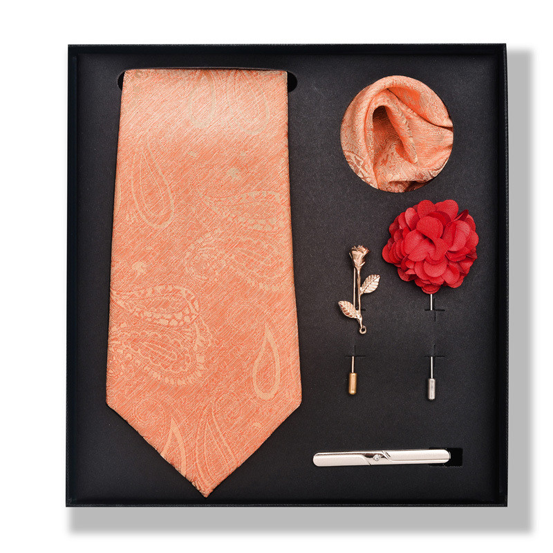 Cravată de modă pentru bărbați, de culoare uni, cu dungi de caju, set cutie cadou de 6 bucăți, set de corsaj de eșarfă pătrată cu clemă de cravată