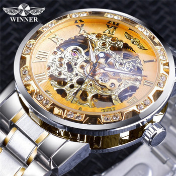 Dropshipping Watch Winner Ανδρικό ρολόι μόδας Casual Hollow Crystal Mechanical Wrist Ανδρικό ρολόι