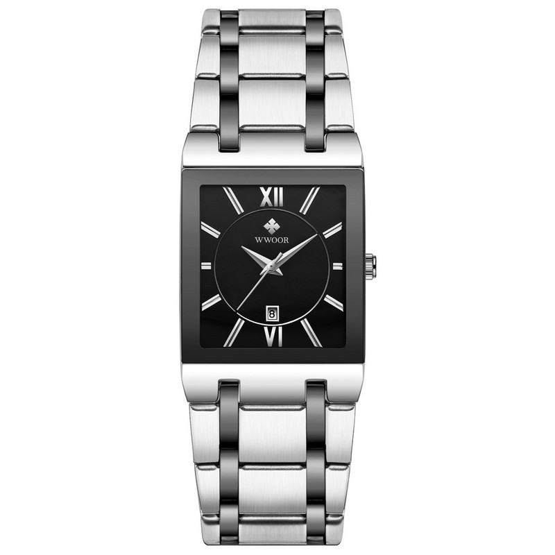 WWOOR8858 Ceas de cuarț pătrat, complet automat, non-mecanic, pentru bărbați, cu curea de oțel, ceas rezistent la apă, transport exclusiv transfrontalier