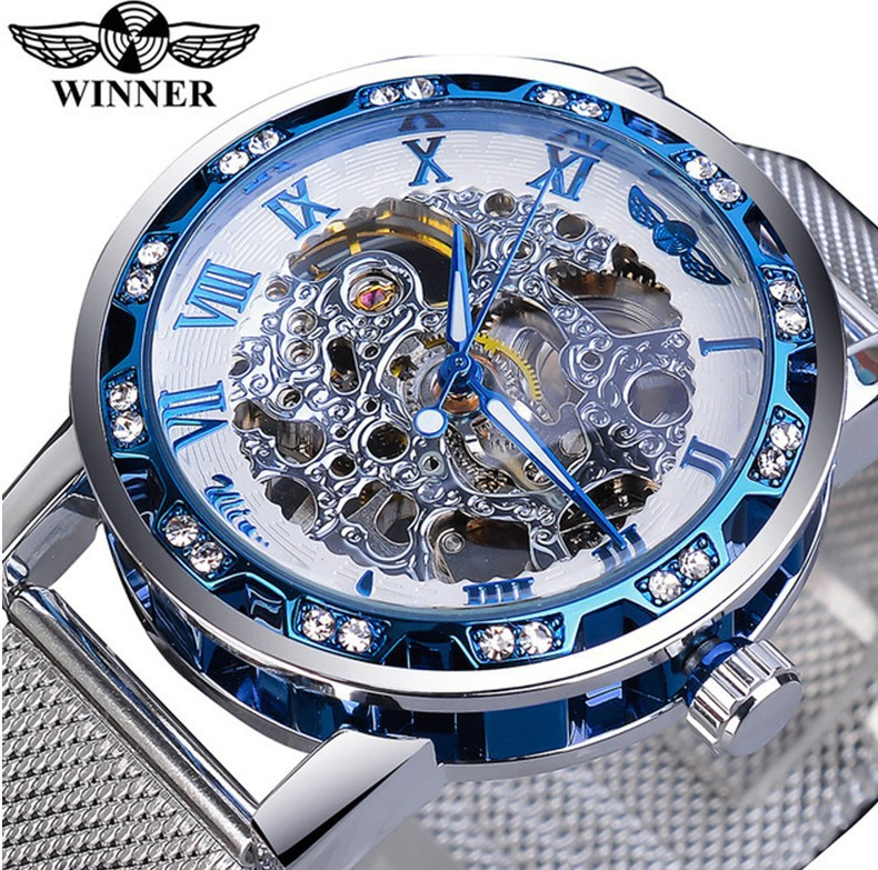 Drop Shipping Ceas câștigător Moda bărbați Casual Clasic Popular Cristale Curea din plasă goală Ceas mecanic de mână