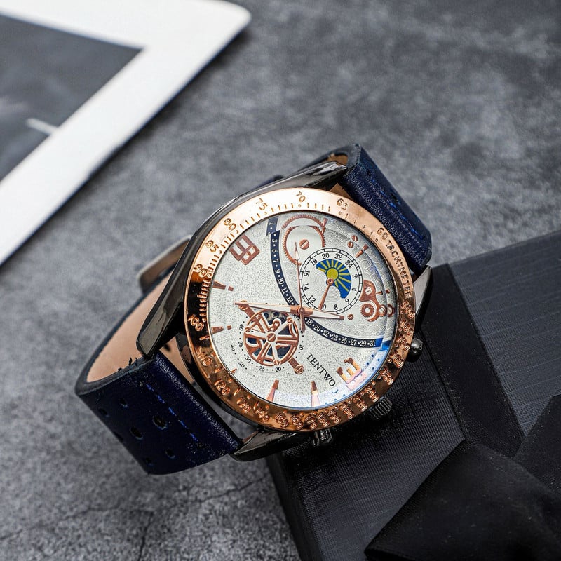 2023 Ceas Pointer pentru bărbați, ocazional, cu model de stele, cadran, ceas de afaceri pentru bărbați, cu curea din PU