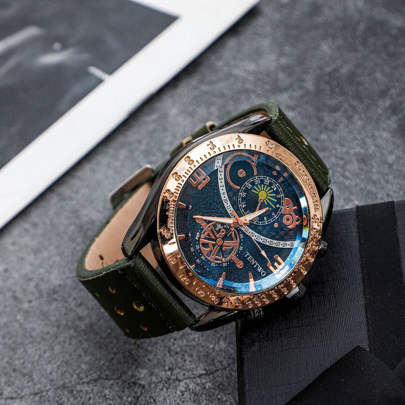 2023 Ceas Pointer pentru bărbați, ocazional, cu model de stele, cadran, ceas de afaceri pentru bărbați, cu curea din PU