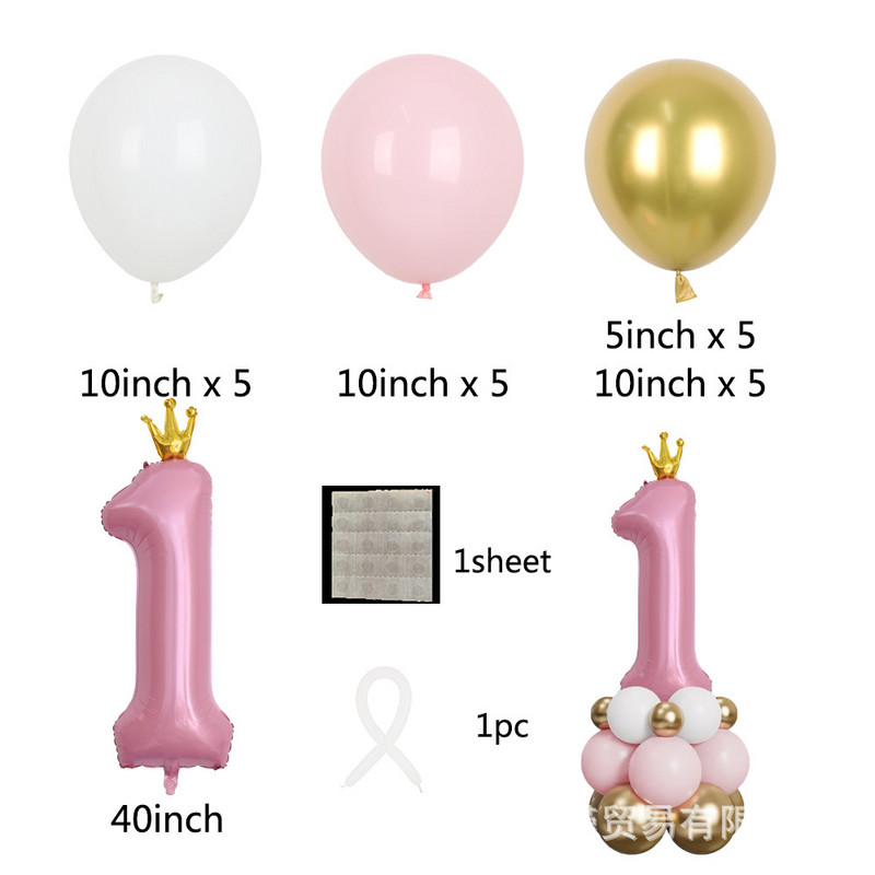 Set de baloane digitale din folie de 40 inch pentru băieți, fete, decorațiuni pentru prima zi de naștere, coloană, bilă din latex, roz albastru