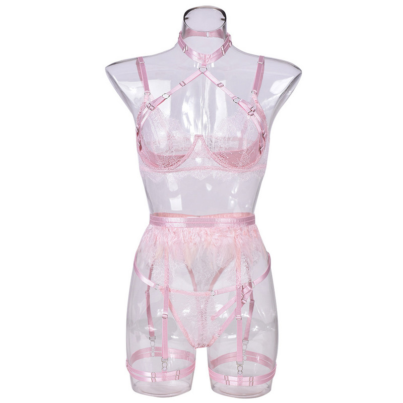 Lenjerie de corp pentru femei, cel mai bine vândut set din dantelă și pene din Europa și America din Europa, din industria grea, împletit, set sexy din cinci piese pentru femei