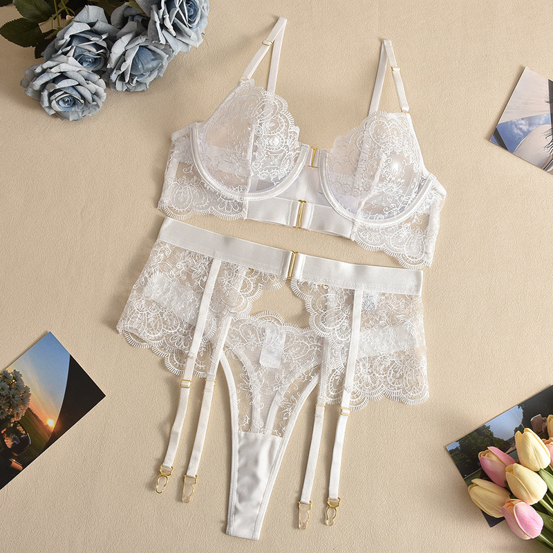 Noua broderie transfrontalieră europeană și americană, lenjerie sexy grea de înaltă calitate, gene brodate din dantelă, set sexy din trei piese transparent