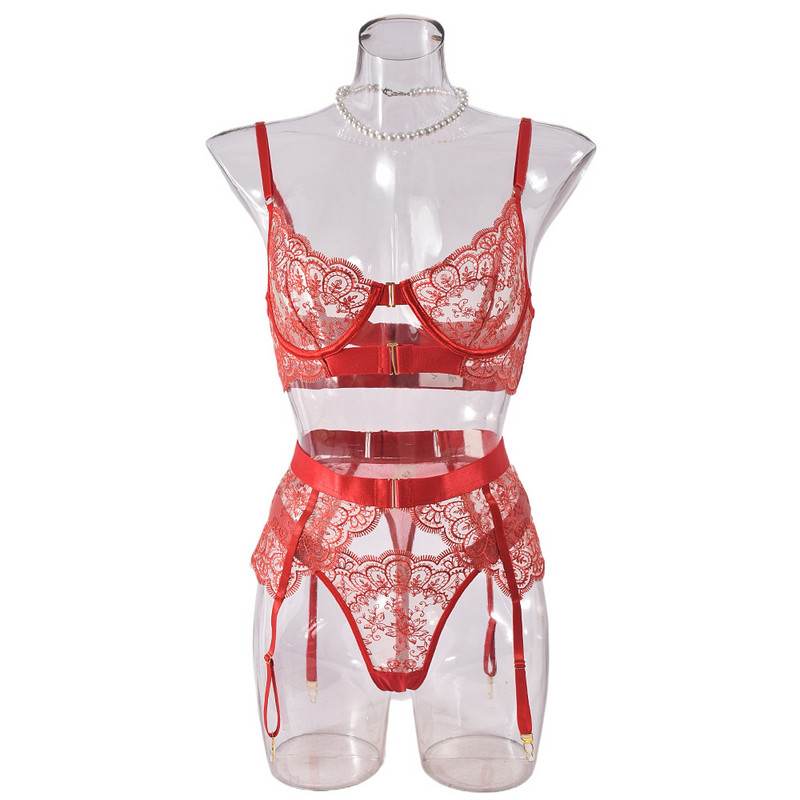 Noua broderie transfrontalieră europeană și americană, lenjerie sexy grea de înaltă calitate, gene brodate din dantelă, set sexy din trei piese transparent