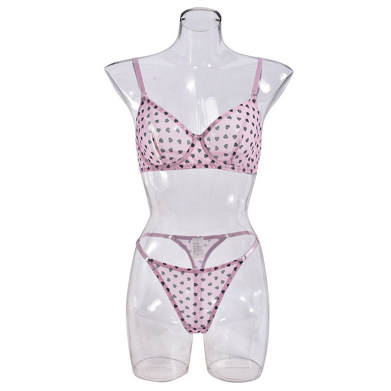 Lenjerie sexy transfrontalieră europeană și americană nou set de sutien push-up, transparent, ultra-subțire, imprimeu plasă de dragoste