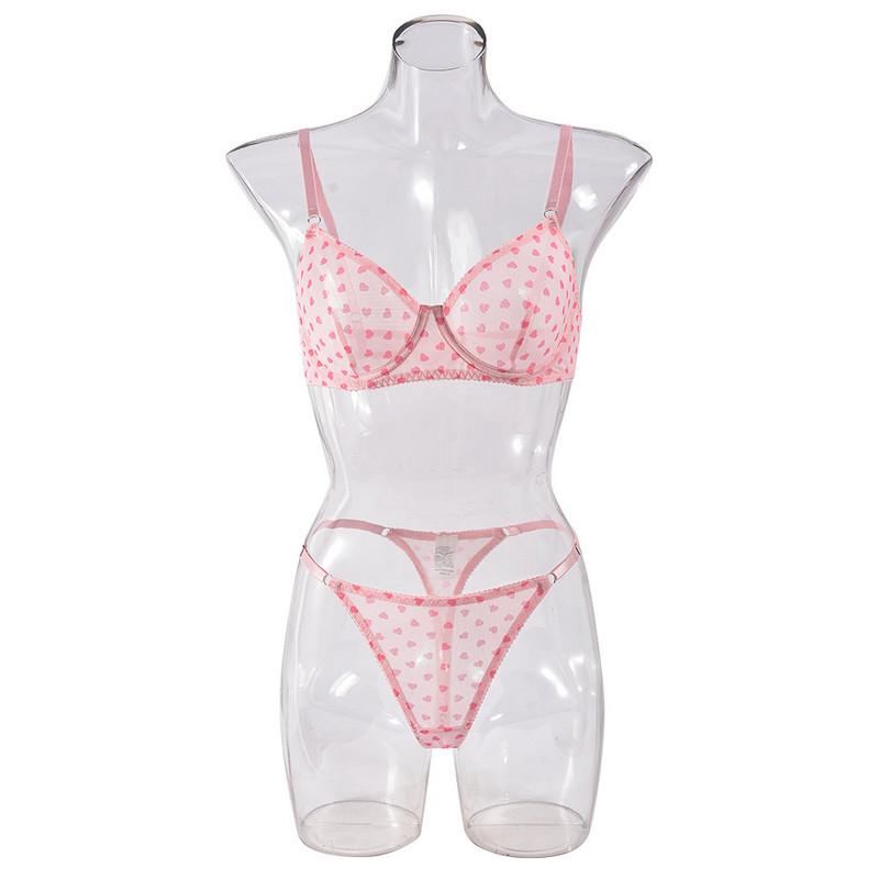 Lenjerie sexy transfrontalieră europeană și americană nou set de sutien push-up, transparent, ultra-subțire, imprimeu plasă de dragoste