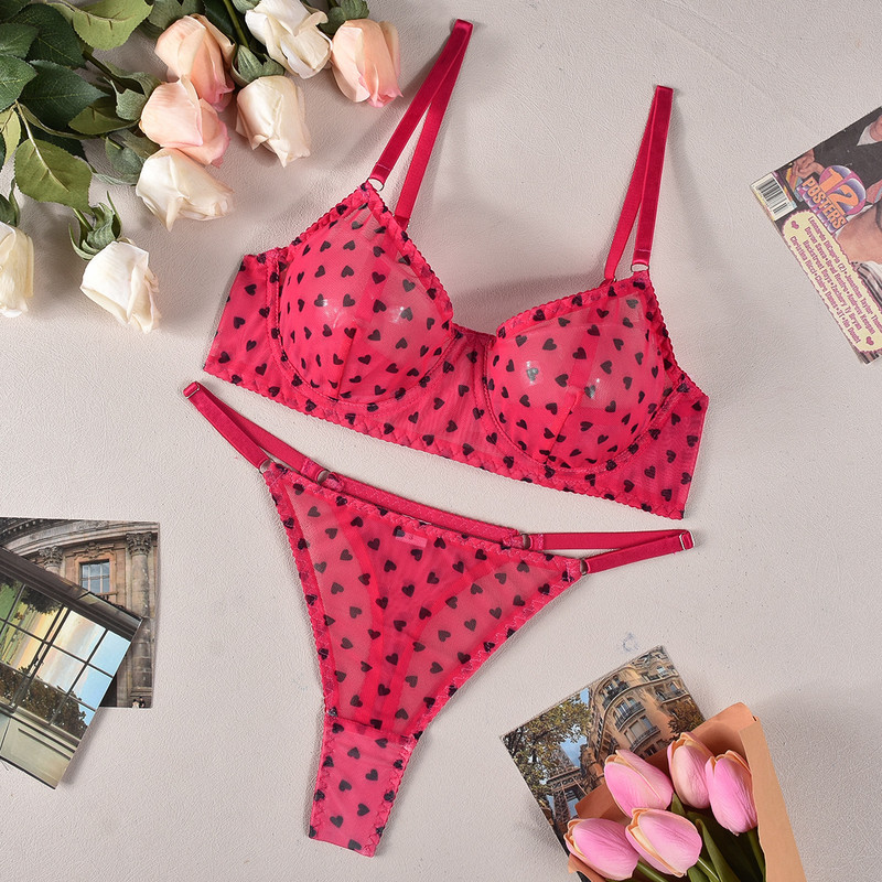 Lenjerie sexy transfrontalieră europeană și americană nou set de sutien push-up, transparent, ultra-subțire, imprimeu plasă de dragoste