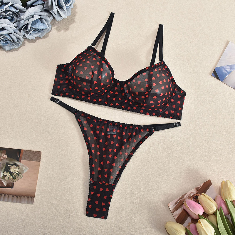 Lenjerie sexy transfrontalieră europeană și americană nou set de sutien push-up, transparent, ultra-subțire, imprimeu plasă de dragoste