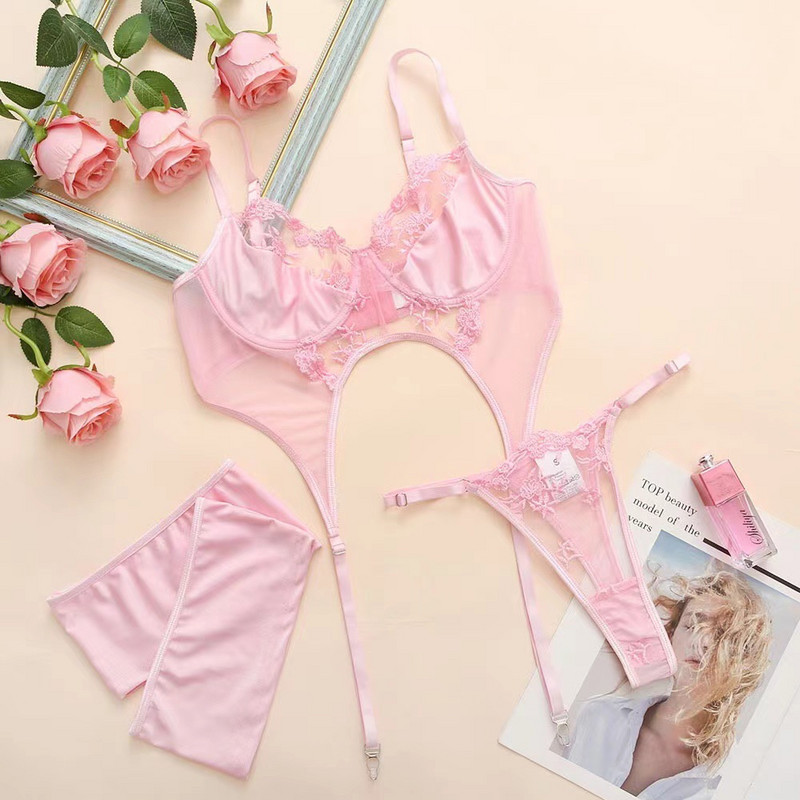 Noua lenjerie sexy din dantelă europeană și americană, dintr-o singură bucată, cu inele pentru picioare și bretele, set de trei piese sexy, transparent, în stil pur lux, pentru femei