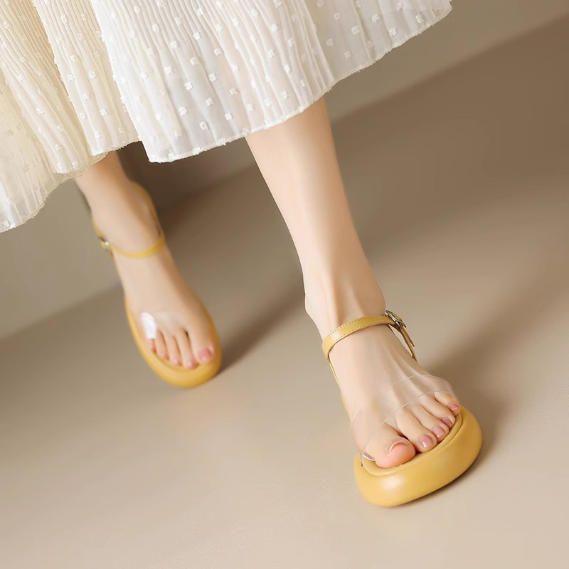 Sandale cu talpă groasă, crescătoare de înălțime mică, pentru femei, vara 2024, noi, transparente, cu bretele pe un singur rând, toc gros, talpă moale, pantofi romani cu vârf deschis