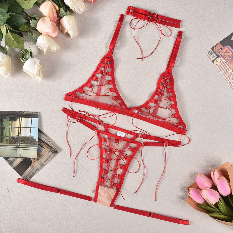 Europa și americană AliExpress transfrontalier nou lenjerie sexy plasă transparent complex dantelă patru piese uniforme femei en-gros