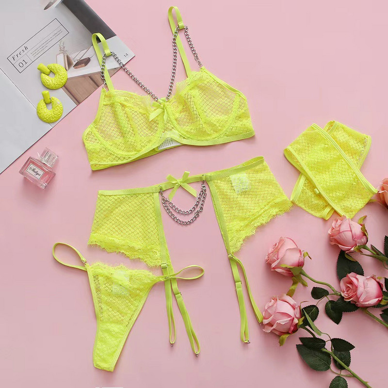 2024 Nouă fată fierbinte europeană și americană din plasă gene dantelă cu lanț cu fundă cu nod curea Lenjerie sexy pentru femei