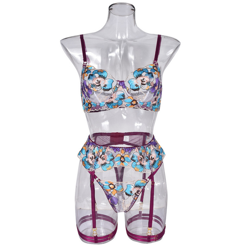 lenjerie de corp pentru femei lenjerie sexy lenjerie de corp sexy din industria grea europeană și americană uniformă sexy broderie tentație set en-gros din patru piese cu inele pentru picioare