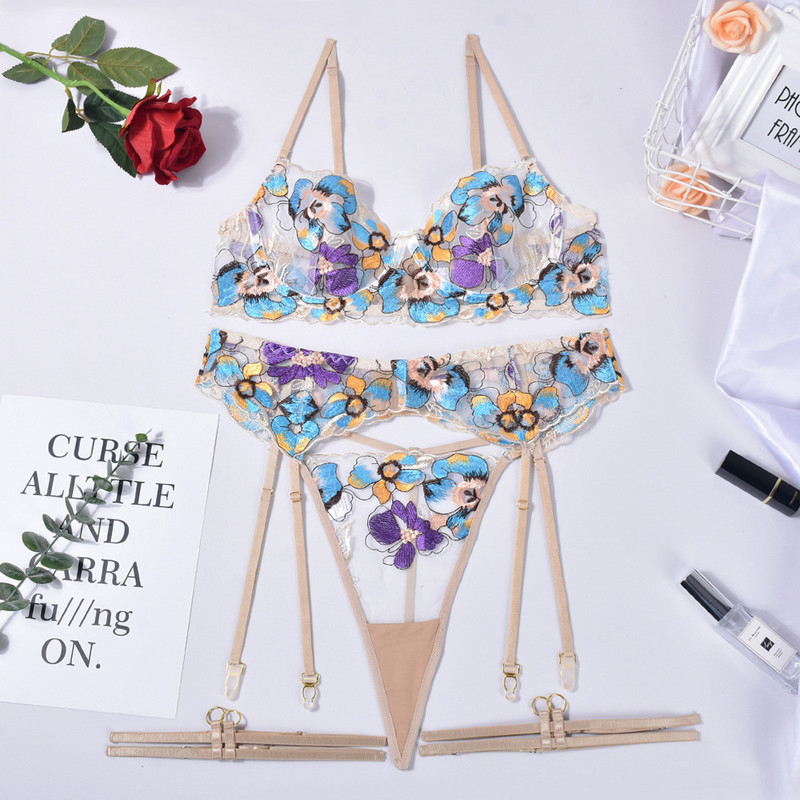 lenjerie de corp pentru femei lenjerie sexy lenjerie de corp sexy din industria grea europeană și americană uniformă sexy broderie tentație set en-gros din patru piese cu inele pentru picioare