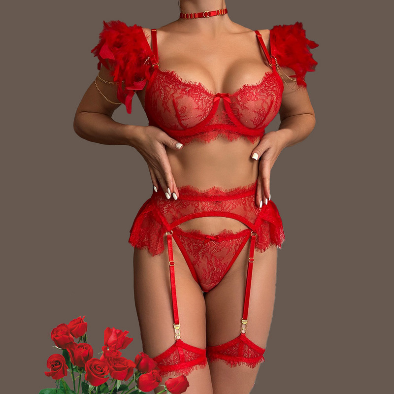 Set de lenjerie sexy europeană și americană, îmbinare la modă cu pene, lanț metalic detașabil, set sexy din patru piese din dantelă