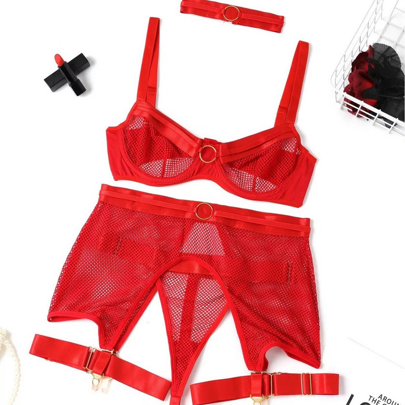 Set sexy din trei piese din Europa și America Set popular AliExpress din plasă de lenjerie intimă de înaltă calitate, din patru piese, cu capul pentru gât și curea