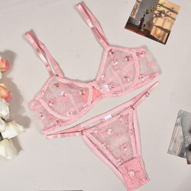 Set de sutien sexy pentru tentație transparentă, cu paiete de broderie florală, transfrontalieră europeană și americană