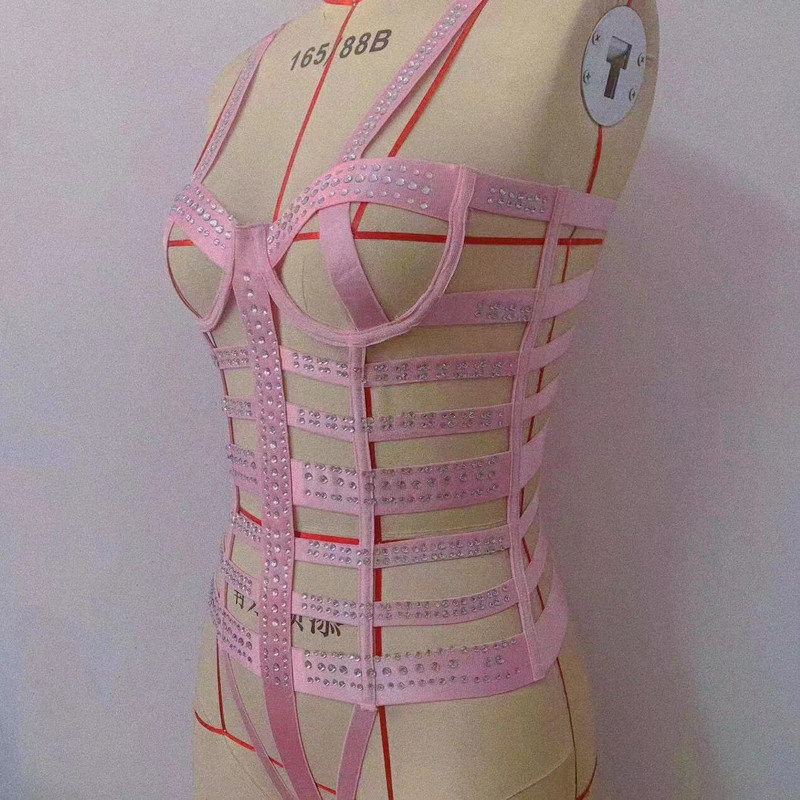 Lenjerie sexy europeană transfrontalieră roz cu talie înaltă în trei puncte încrustate de diamante în stil european și american