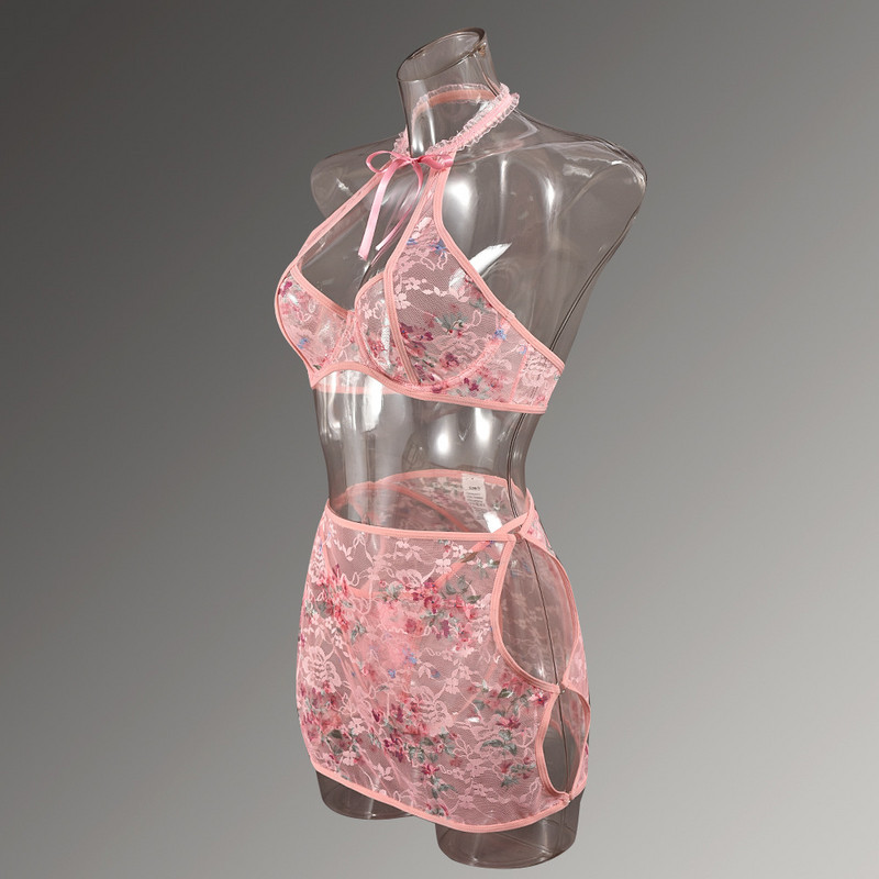 lenjerie de corp lenjerie sexy transfrontalieră ins damă stil romantic plasă transparent decolteu cu capul adunat și reglabil 01129