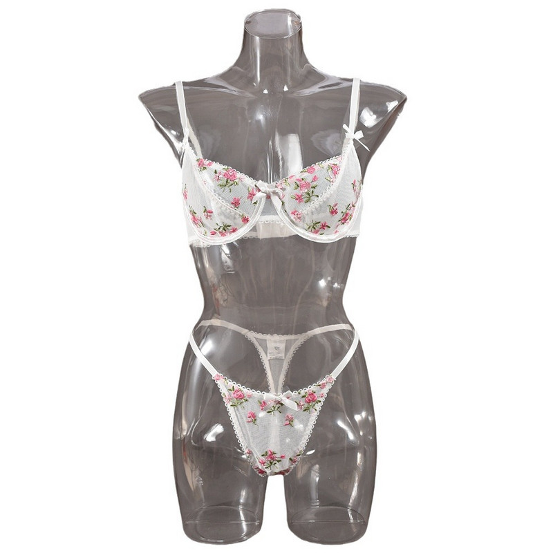 Euroopa ja Ameerika piiriülene seksikas aluspesu tikitud lilledega rinnal, läbipaistev võrk, seksikas kaheosaline komplekt