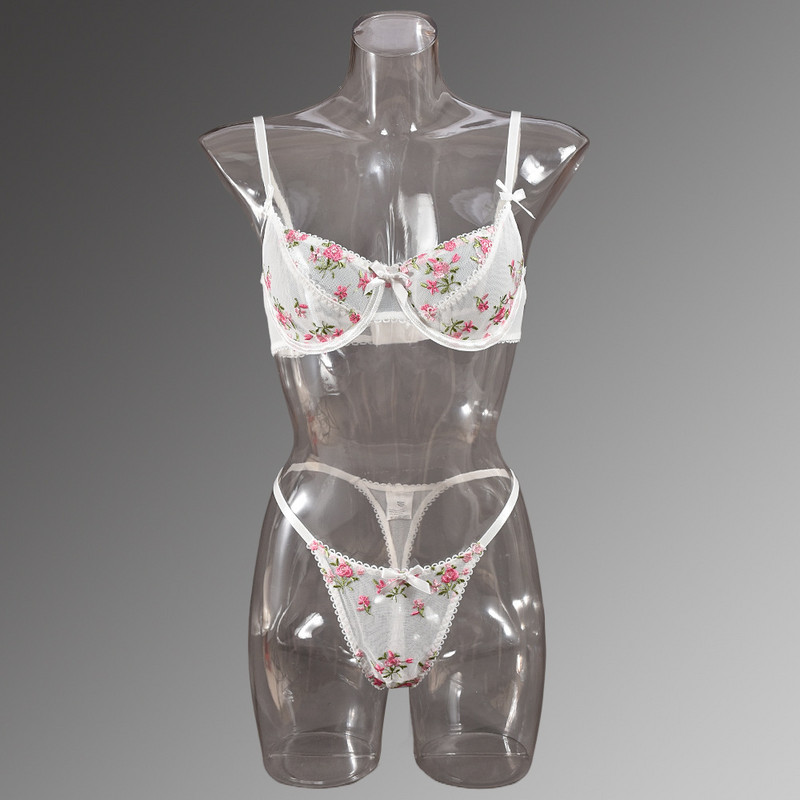 Euroopa ja Ameerika piiriülene seksikas aluspesu tikitud lilledega rinnal, läbipaistev võrk, seksikas kaheosaline komplekt