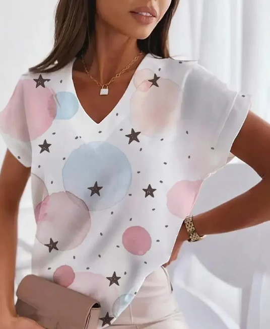 2023 m. nauji karštai parduodami nepriklausomos stoties marškinėliai su trumpomis rankovėmis, laisvi moteriški marškinėliai su V formos iškirpte