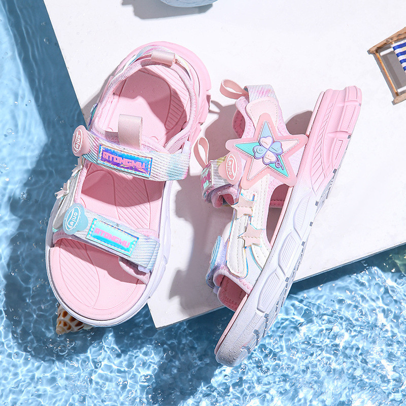 Mergaičių basutės lengvos Velcro 2024 naujos paplūdimio basutės mergaitėms vienos eilės sandalai vidutiniams ir vyresniems vaikams