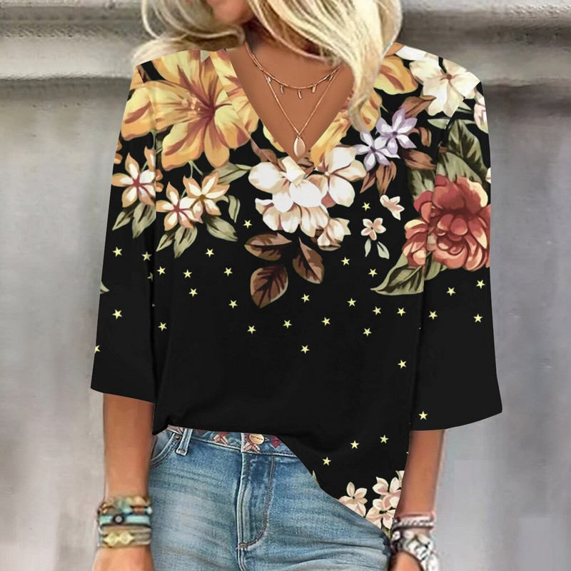 2024 Europa și America de primăvară toamnă cu gât rotund imprimeu Topuri damă casual casual lejer mâneci 7 sferturi