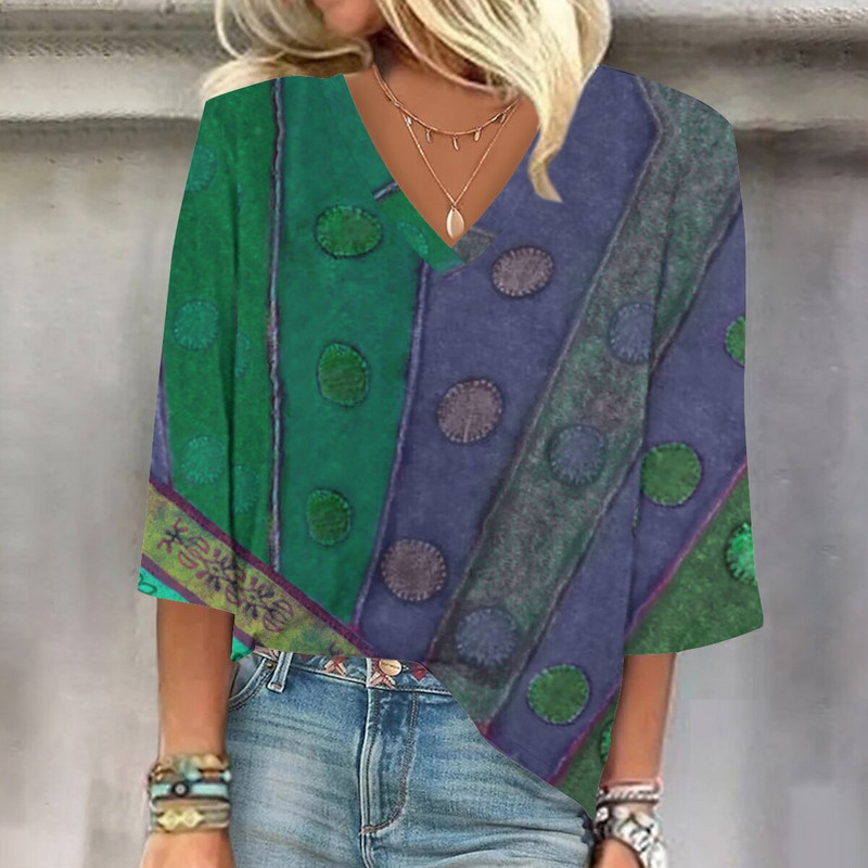 2024 Europa și America de primăvară toamnă cu gât rotund imprimeu Topuri damă casual casual lejer mâneci 7 sferturi