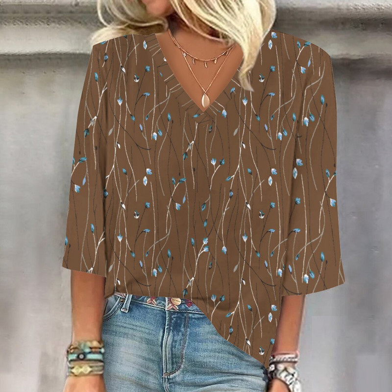 2024 Europa și America de primăvară toamnă cu gât rotund imprimeu Topuri damă casual casual lejer mâneci 7 sferturi