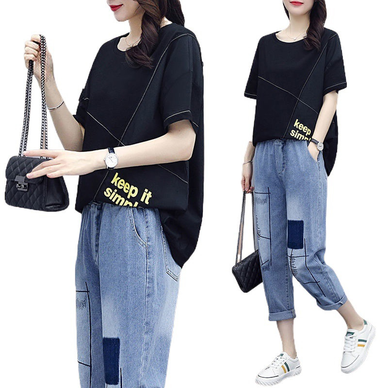 Vienvietis / komplektas, 2024 m. vasara, nauji korėjietiški marškinėliai, laisvi didelio dydžio laisvalaikio sportiniai džinsai, dviejų dalių komplektas moterims vakarietiško stiliaus