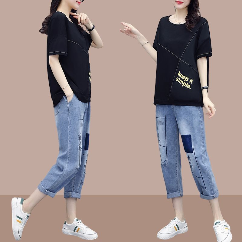 Vienvietis / komplektas, 2024 m. vasara, nauji korėjietiški marškinėliai, laisvi didelio dydžio laisvalaikio sportiniai džinsai, dviejų dalių komplektas moterims vakarietiško stiliaus