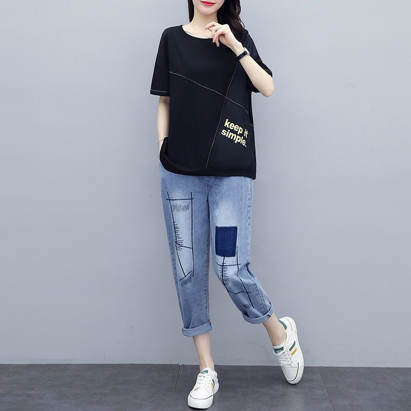 Vienvietis / komplektas, 2024 m. vasara, nauji korėjietiški marškinėliai, laisvi didelio dydžio laisvalaikio sportiniai džinsai, dviejų dalių komplektas moterims vakarietiško stiliaus