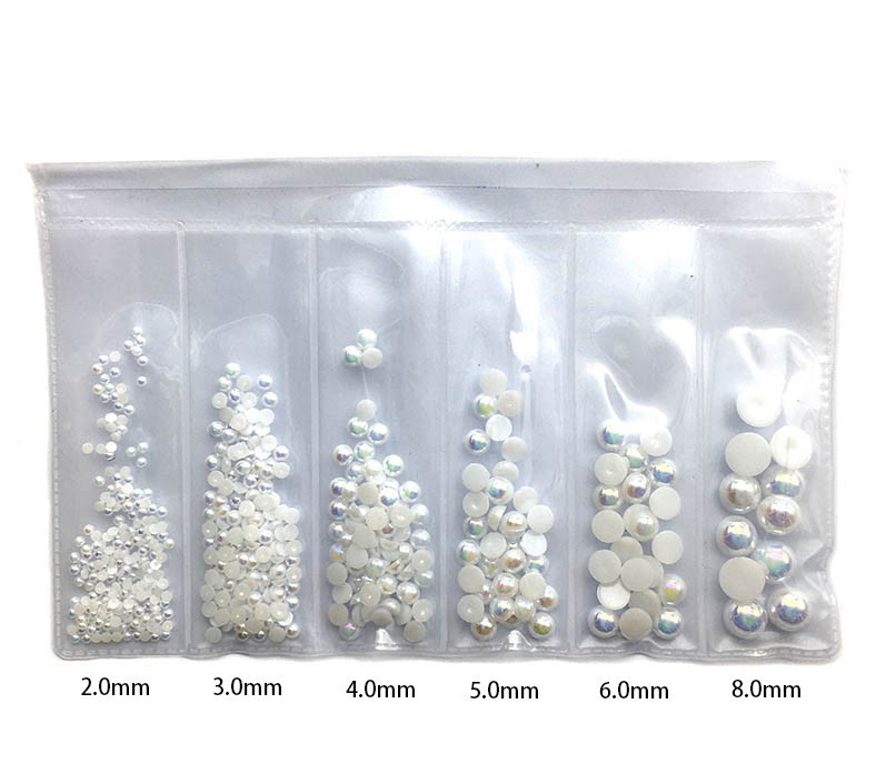 Set complet în cutie, bijuterii pentru unghii cu perle, fund plat AB, jumătate rotund, fără gaură, amestecat, alb pur, bej, diamant pentru unghii