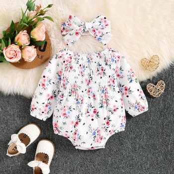 Baoxin Foreign Trade 22 Autumn New Ins Style Baby Girl Printed Harness Bag Fart Clothes Long Sleeve Romper Suit Лента за глава Комплект от две части