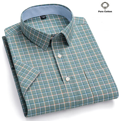 Cămașă socială pentru bărbați de calitate nouă, cu mânecă scurtă, 100% bumbac pur Oxford, cu nasturi moi, în carouri, haine formale pentru bărbați Cămașă supradimensionată S-7XL