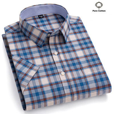 Cămașă socială pentru bărbați de calitate nouă, cu mânecă scurtă, 100% bumbac pur Oxford, cu nasturi moi, în carouri, haine formale pentru bărbați Cămașă supradimensionată S-7XL