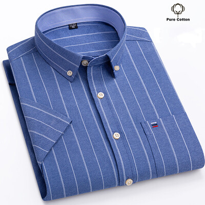 Cămașă socială pentru bărbați de calitate nouă, cu mânecă scurtă, 100% bumbac pur Oxford, cu nasturi moi, în carouri, haine formale pentru bărbați Cămașă supradimensionată S-7XL