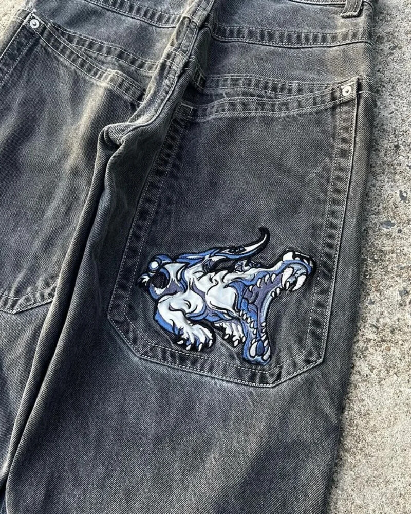 Gatvės apranga JNCO Jeans Y2k hip-hop animacinių filmų grafinis spaudinys Vintage Baggy džinsai juodos kelnės Vyriškos moteriškos kelnės aukštu juosmeniu plačiomis kojomis