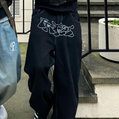 Blugi largi, casual, cu picioare late, pentru bărbați, blugi cu imprimeu hip hop, retro, la moda, negru, blugi cu talie înaltă, Y2k, îmbrăcăminte pentru bărbați 2023