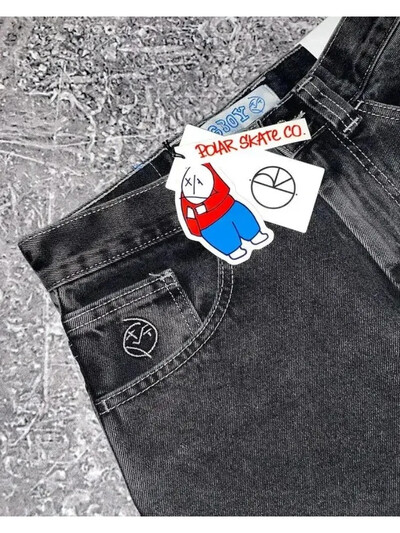 Blugi largi, casual, cu picioare late, pentru bărbați, blugi cu imprimeu hip hop, retro, la moda, negru, blugi cu talie înaltă, Y2k, îmbrăcăminte pentru bărbați 2023